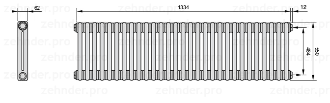 Схема (чертеж) Радиатор Zehnder Charleston 2055/29 №7610 Белый глянцевый RAL 9016